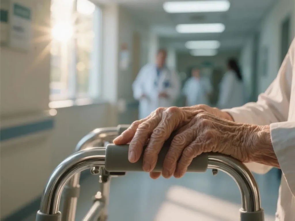 Close-up of elderly hands resting on walker in hospital corridor