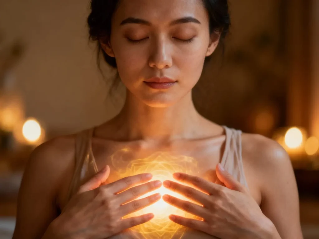 Close-up of woman's hands placed over her heart chakra