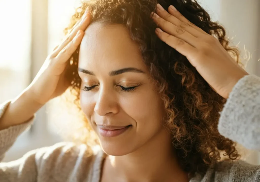 Close-up of woman's hands tapping on top of her head (crown chakra point)