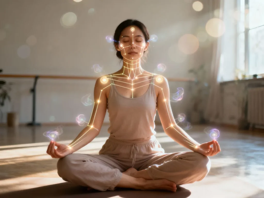 Diagram-style image of woman's body showing glowing meridian lines and EFT tapping points