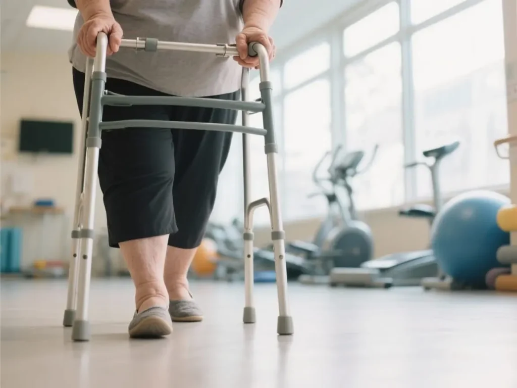 Elderly woman hands gripping a walker in bright rehabilitation facility