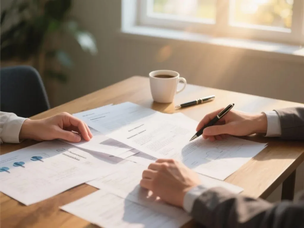 Hands over legal documents and medical records spread across a wooden table