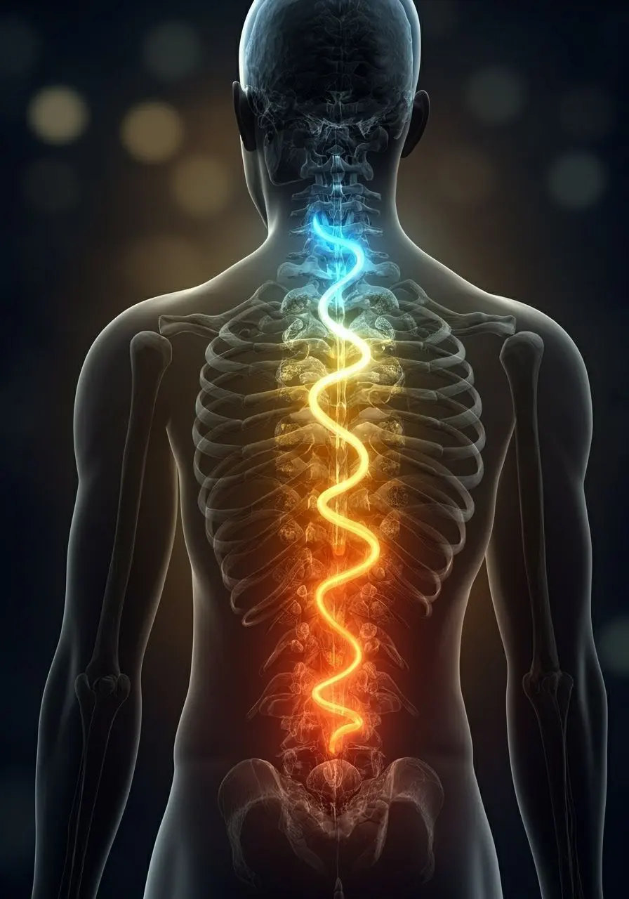 Human torso from behind with energy climbing up the spine