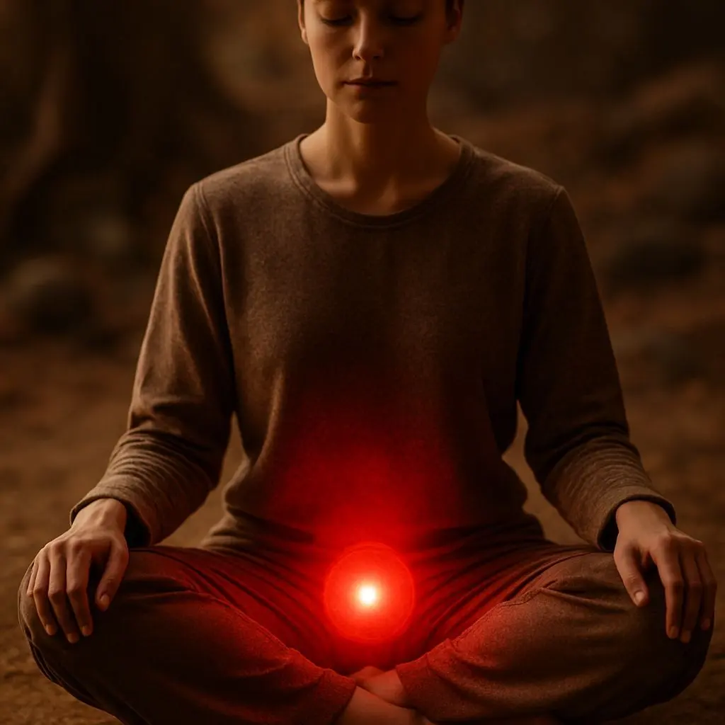 Person sitting cross-legged on natural earth exercising Root Chakra Breathing