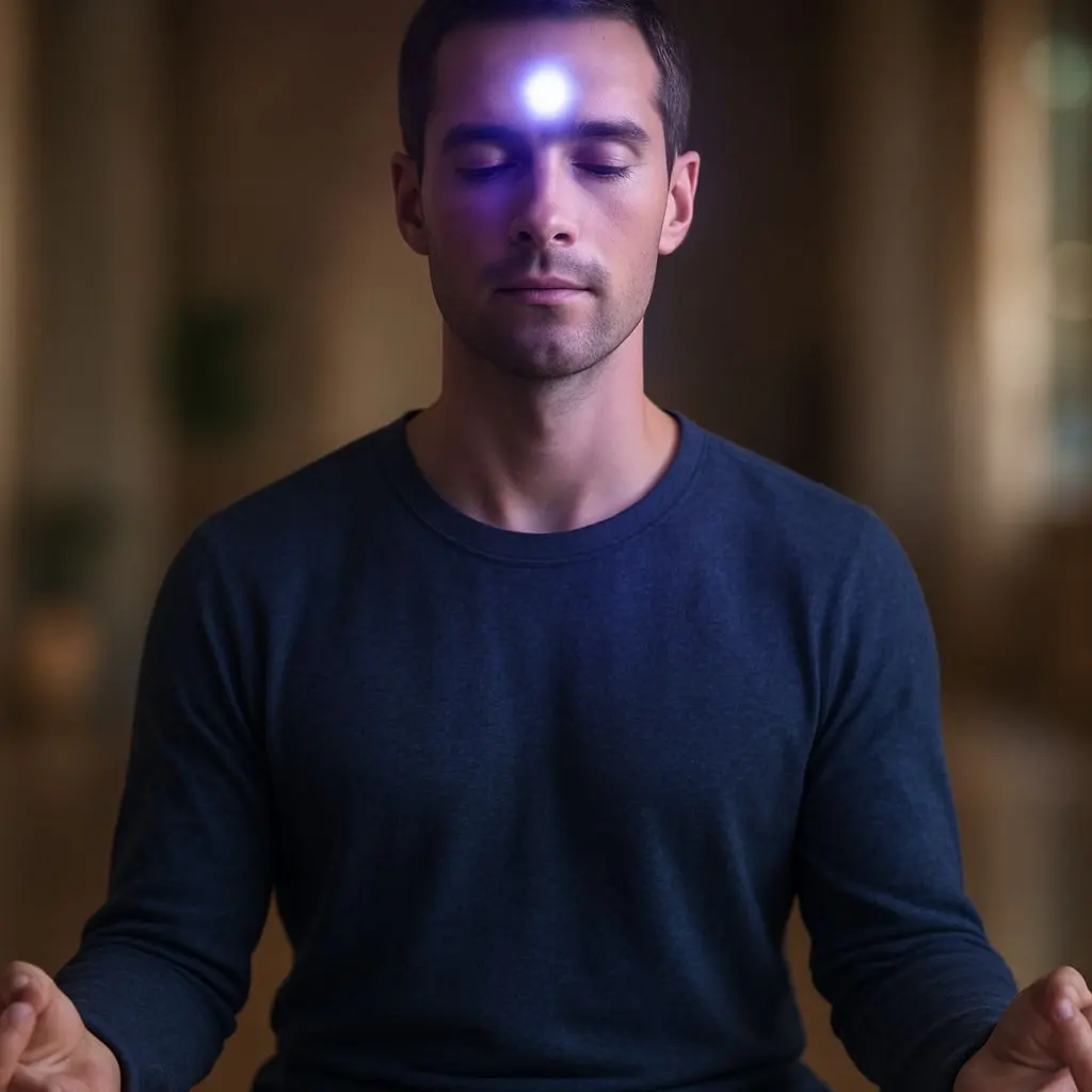 Person sitting in perfect lotus position making Third Eye Chakra breathing.