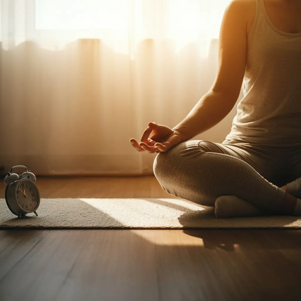 Person sitting with clock on the floor doing morning chakra breathing practice