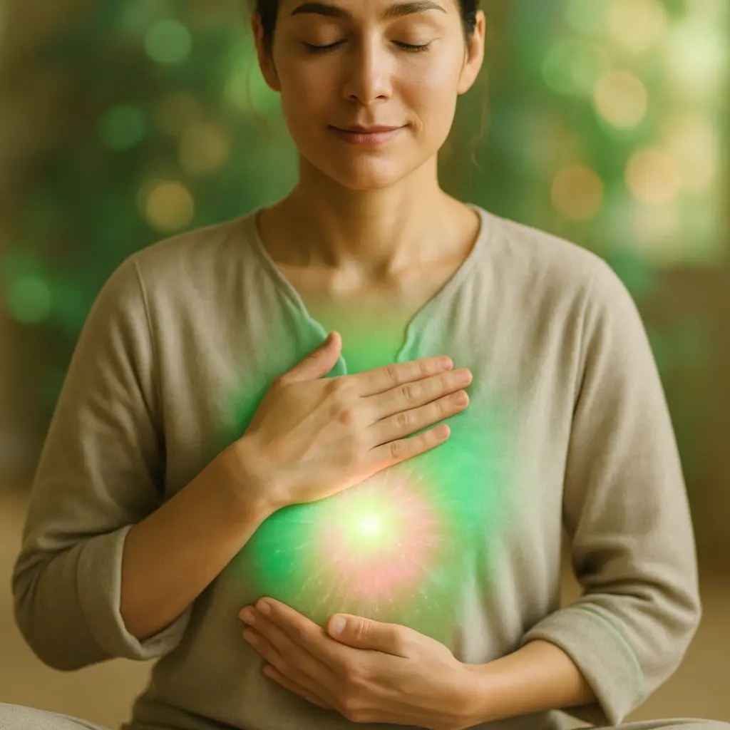 Person sitting with hands around green glowing heart chakra practicing Heart Chakra Breathing Technique