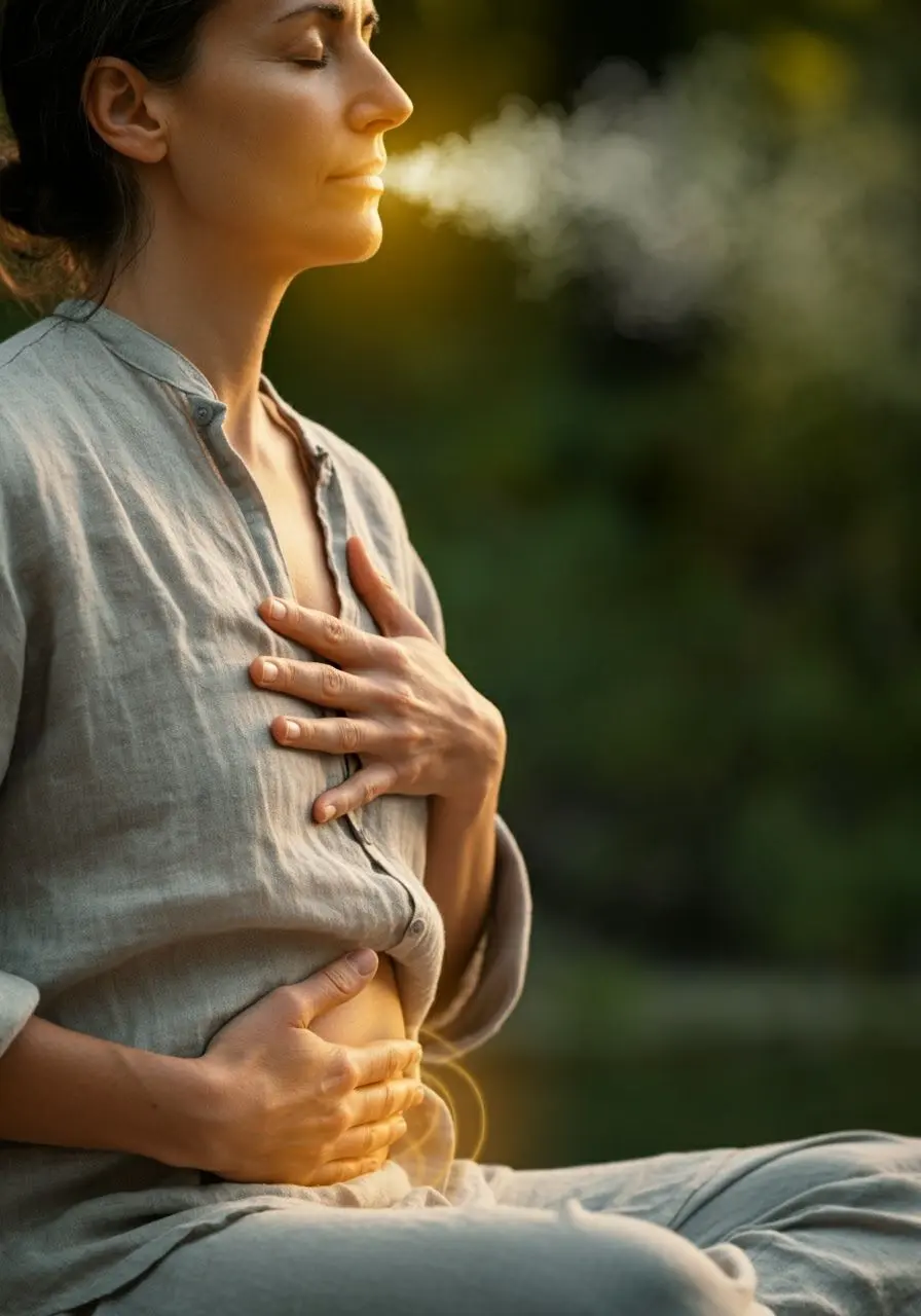 Woman breathing in a three-part breath technique