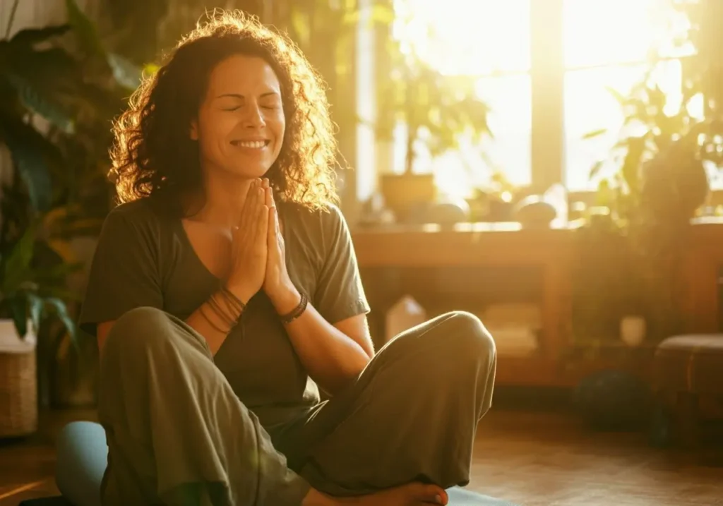 Woman finishing EFT tapping session sitting peacefully and smiling.