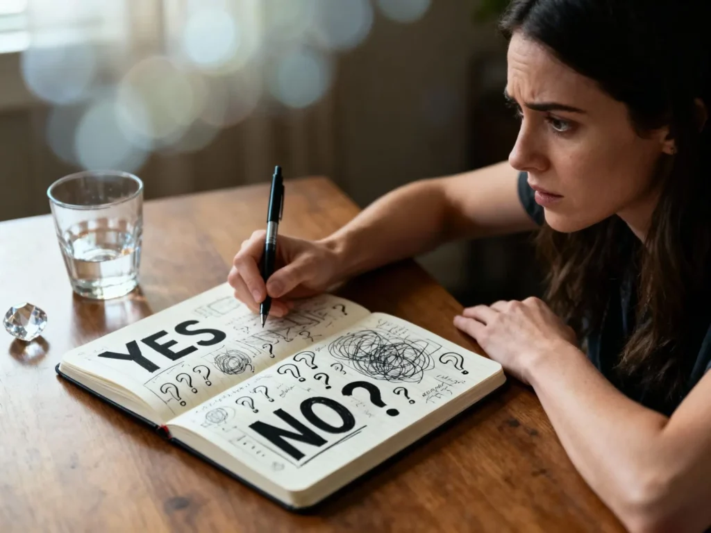 Woman sitting at table with open journal looking slightly confused