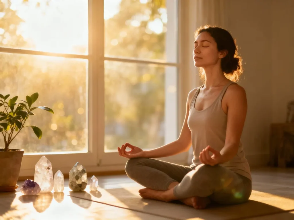 Woman sitting cross-legged on floor in bright room doing deep breathing and grounding exercise