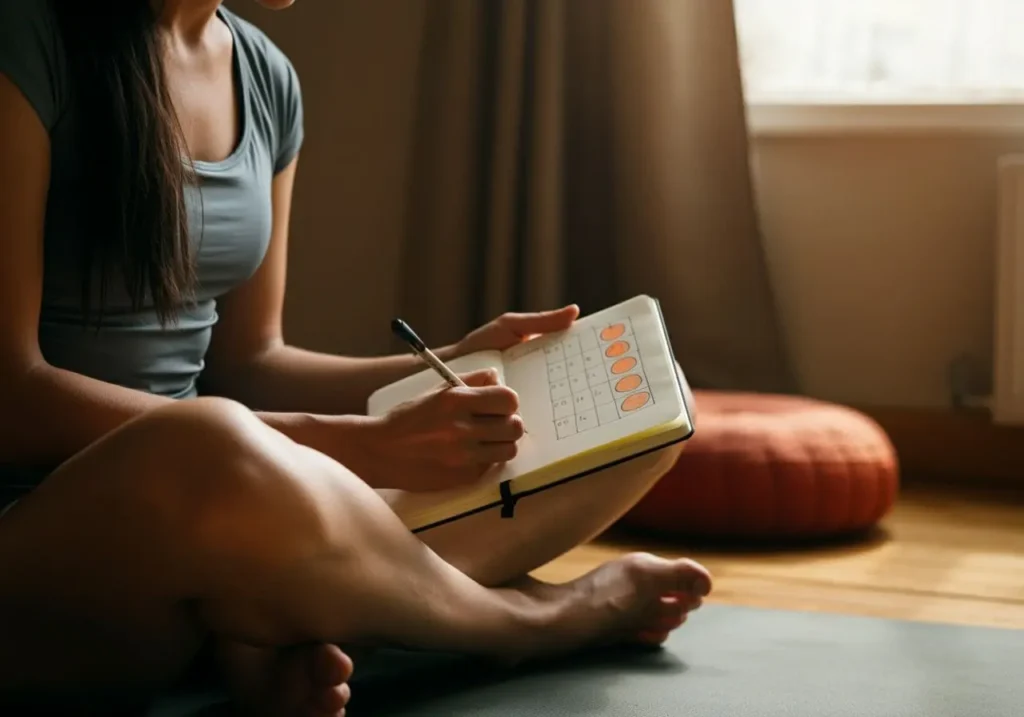 Woman sitting cross-legged writing in journal, rating her emotions on a scale