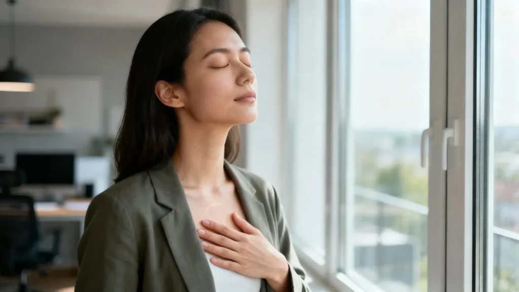 Woman standing by window with one hand on her heart chakra