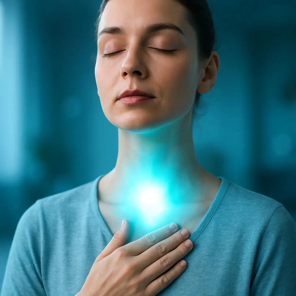 Woman with one hand over her throat practicing Throat Chakra Breathing Technique.