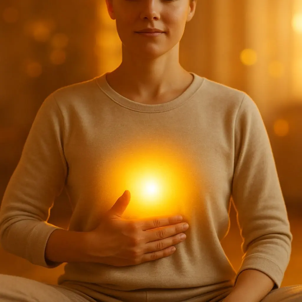 Woman with palm below her solar plexus practicing Solar Plexus Chakra Breathing Technique