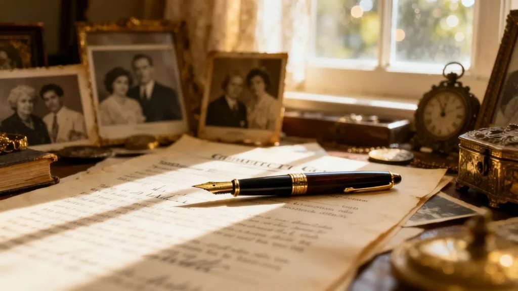 fountain pen resting on important legal documents surrounded by family photos