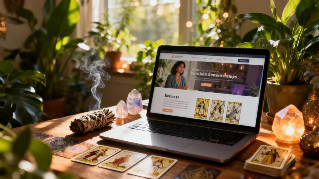 home office setup with tarot cards, crystals, sage, and a laptop
