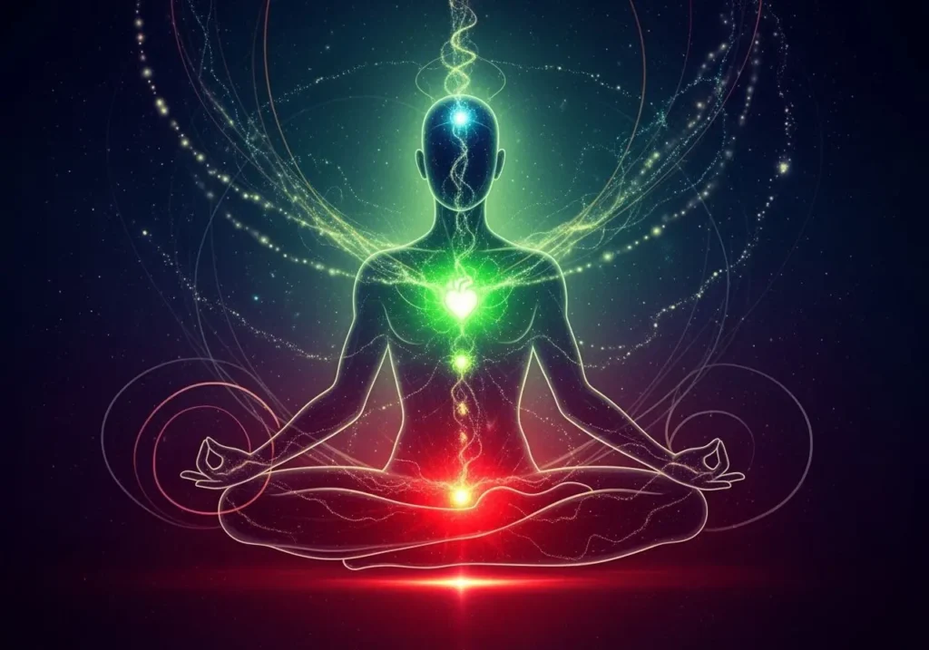 human energy body with root chakra in red at base and heart chakra in green at chest