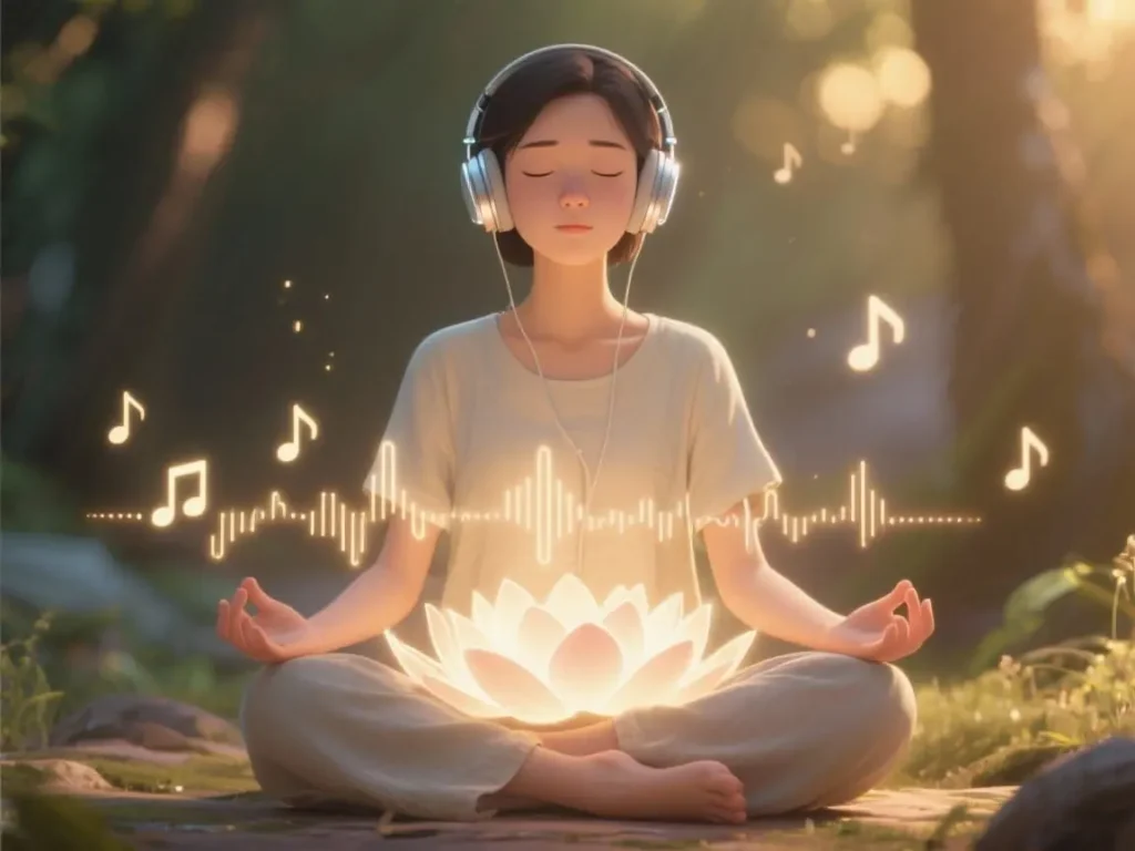 person sitting in lotus position wearing light clothes and modern headphones