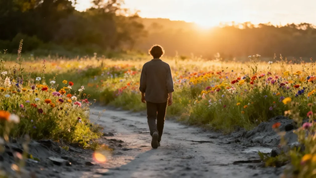 person walking away from a grey desaturated path behind them toward a vibrant colorful meadow ahead