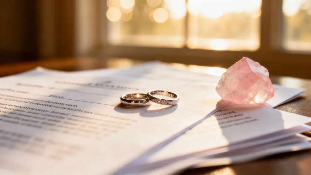 two wedding rings placed on legal documents and papers