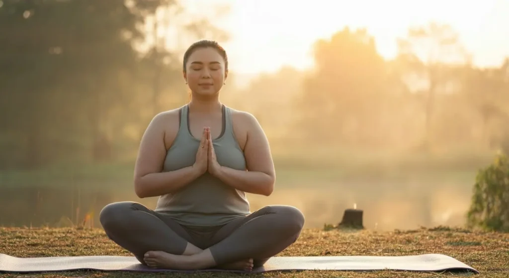 A slightly overweight but beautiful woman in lotus position on a yoga mat outdoors at sunrise
