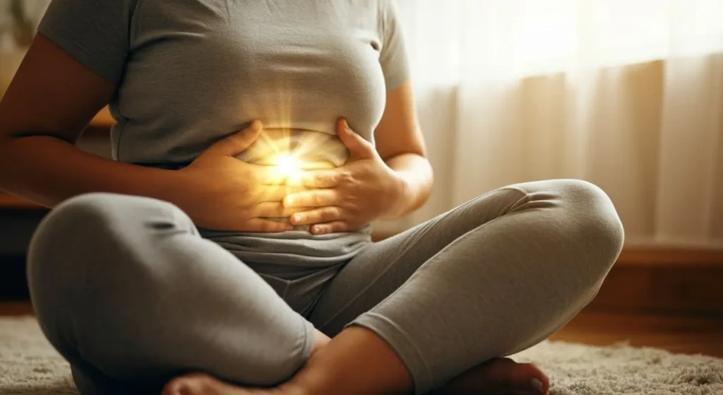 A slightly overweight woman sitting cross-legged with both hands over stomach area