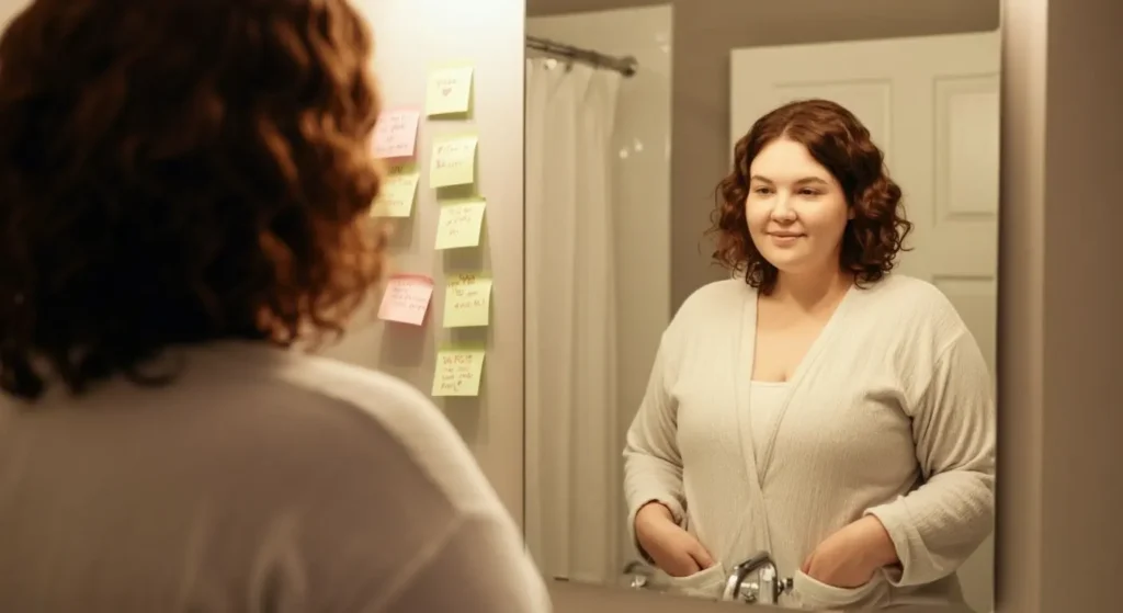 A slightly overweight woman standing in front of a bathroom mirror