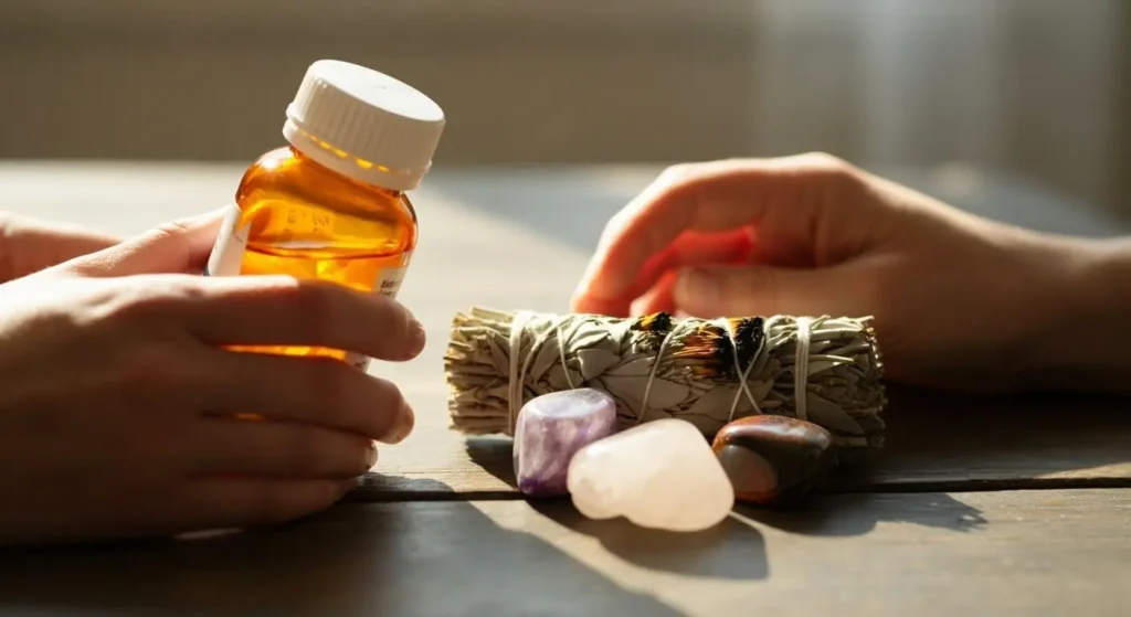 Hands holding a bottle on one side and healing crystals on the other