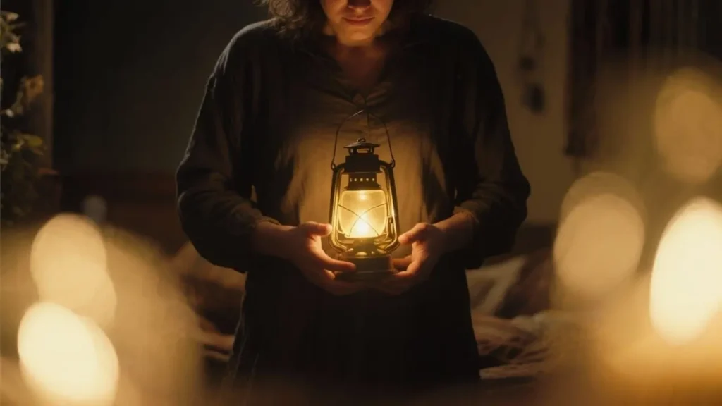 Person holding a glowing lantern at stomach level in darkened room