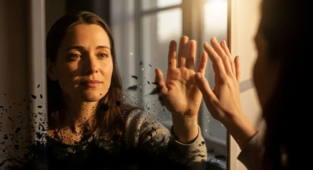 Woman looking at her reflection in a mirror with compassionate eyes
