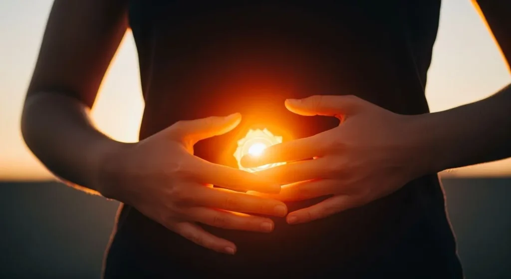 Woman torso with visible glow around solar plexus chakra