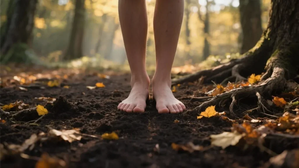 bare feet standing firmly on rich dark earth soil