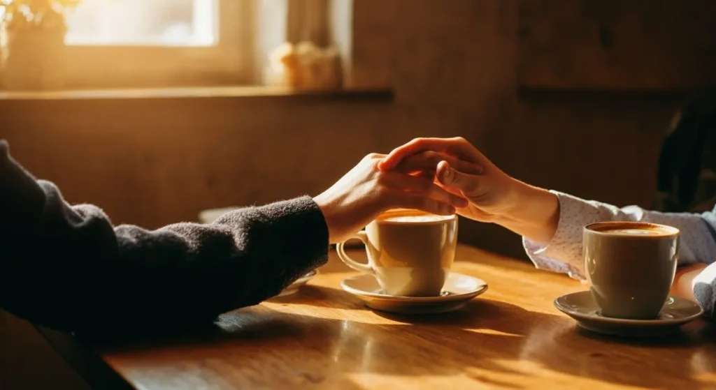 hands holding each other across wooden table in warm café setting