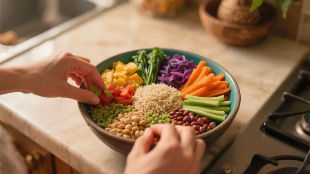 hands preparing a colorful Buddha bowl with multiple chakra-colored vegetables