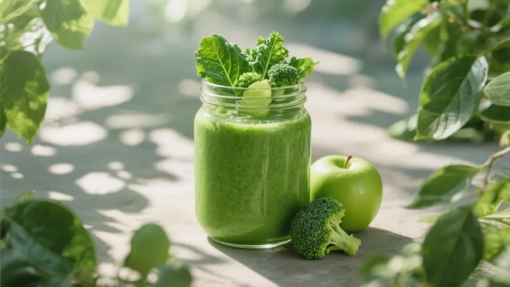 heat chakra foods - green smoothie in a glass jar surrounded by kale leaves, spinach, green apples, and broccoli