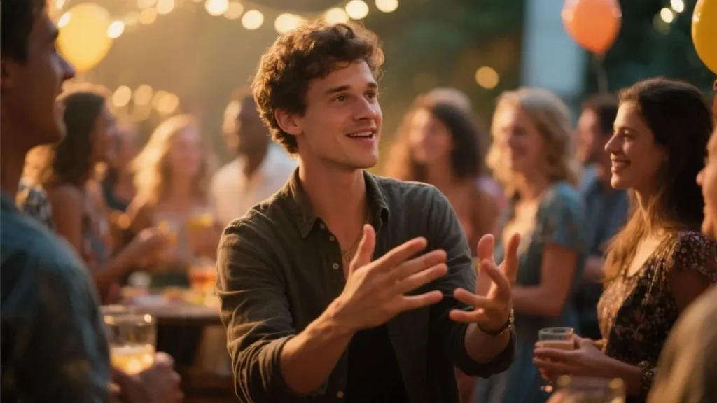 man confidently engaging with group at social gathering