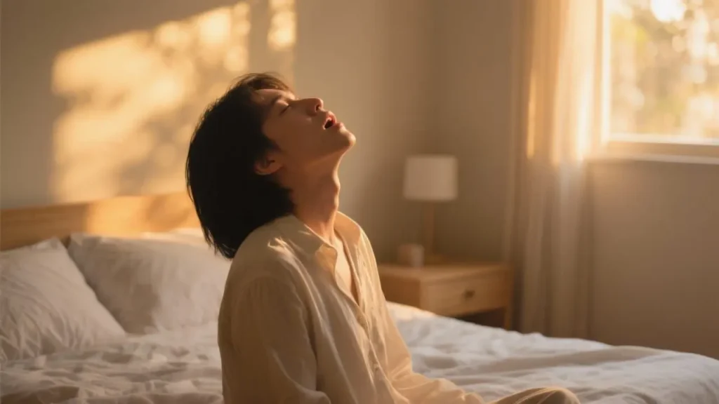 man in bedroom practicing vocal exercises