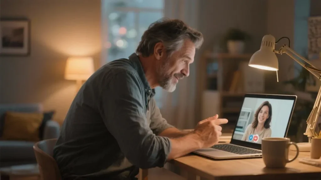 man sitting at desk having video chat conversation on laptop screen