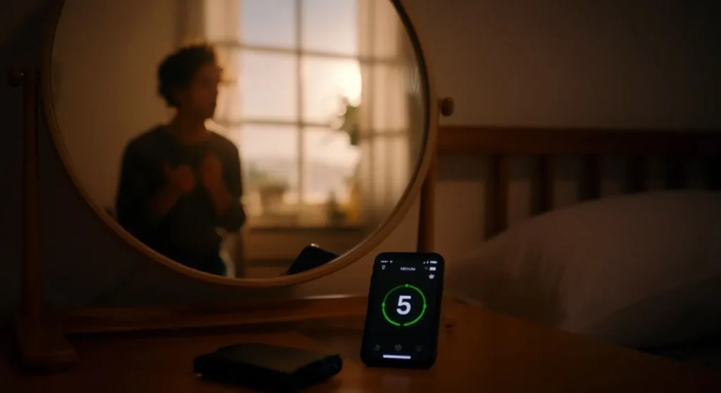 mirror with reflection of a person in bedroom practicing speaking