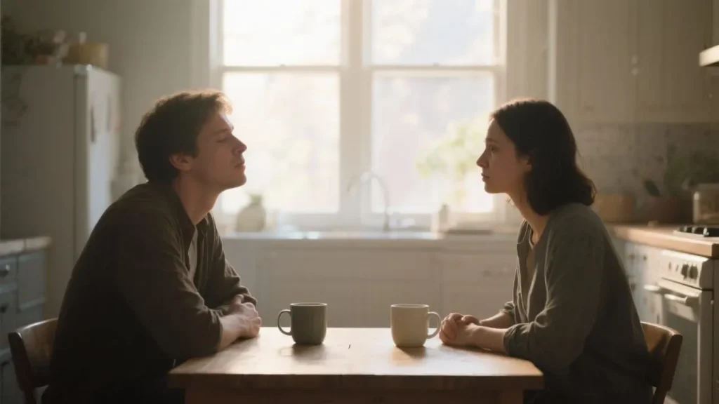 person taking speaking to partner across kitchen table
