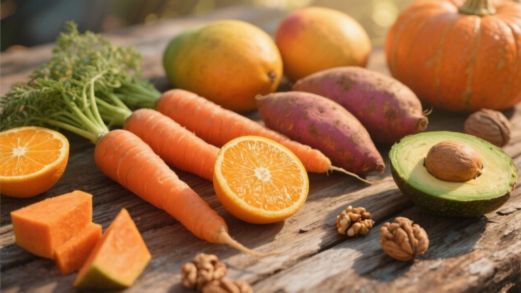 sacral chakra foods - bright carrots with green tops, fresh oranges, mangoes, pumpkin