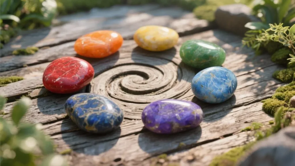 seven polished stones of different colors on a wooden table