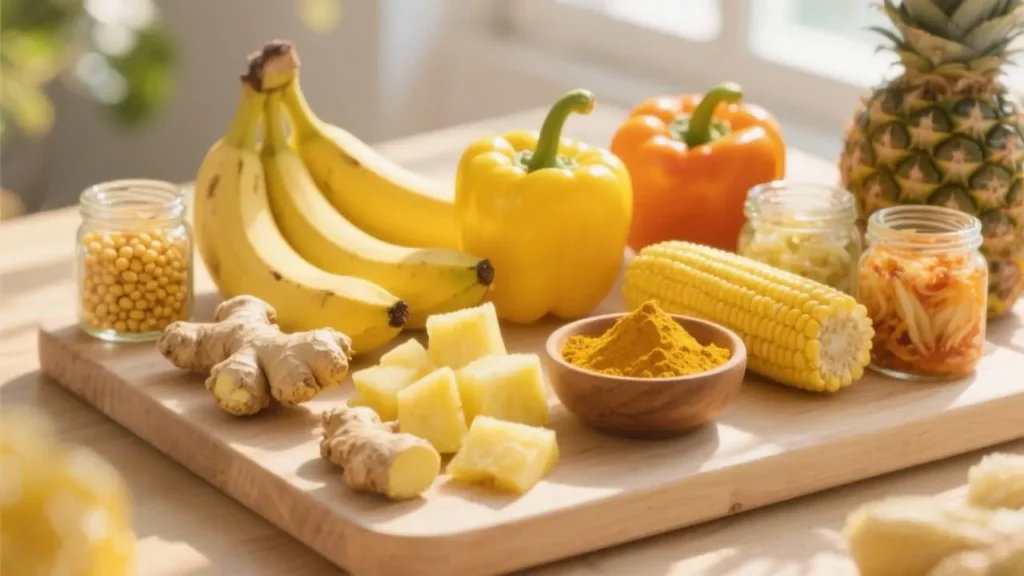 solar plexus chakra foods - bananas, yellow bell peppers, pineapple chunks, corn, turmeric, ginger