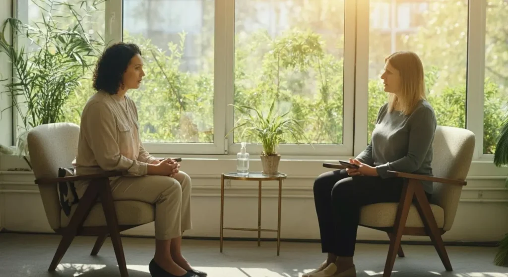 therapist and client sitting in comfortable chairs facing each other