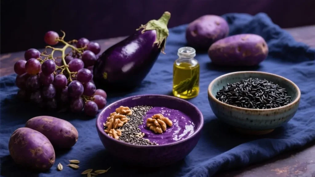 third eye chakra foods - purple grapes, eggplant, purple potatoes, açai bowl, black rice, walnuts