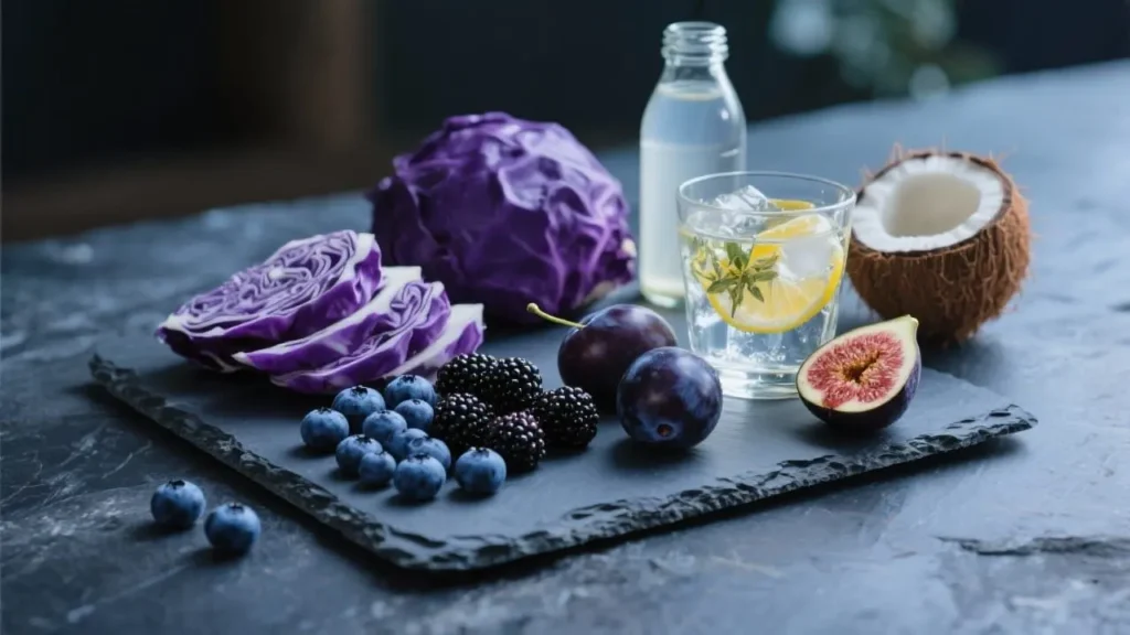 throat chakra foods - blueberries, blackberries, purple cabbage sliced open, dark fig, plums