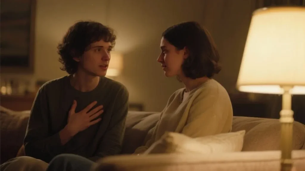 two close friends sitting on a couch speaking to each other