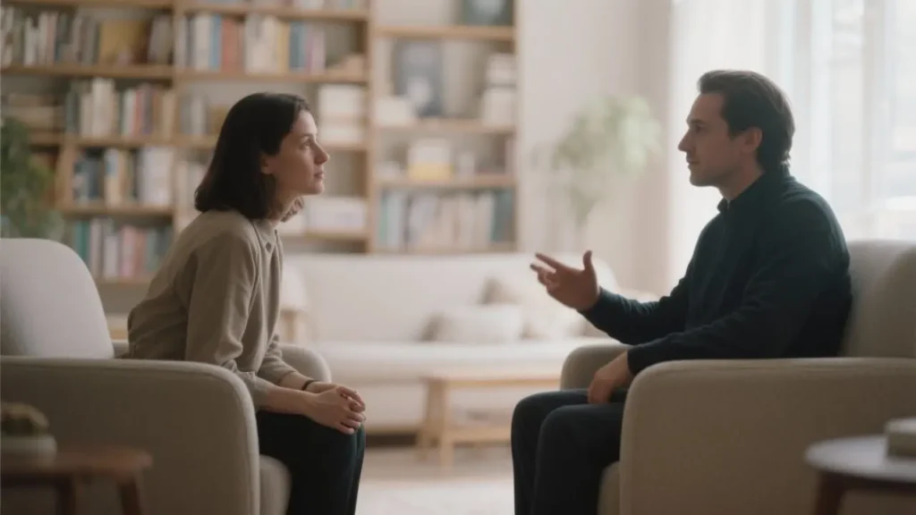 two people in comfortable chairs speaking to each other