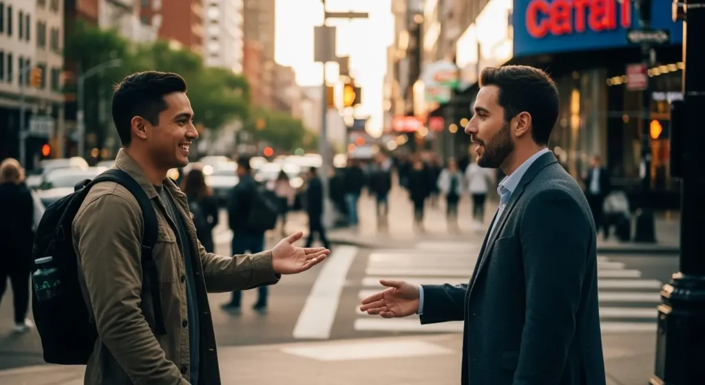 two strangers speaking on a city street corner